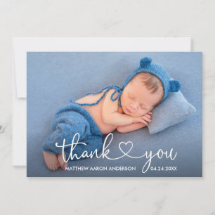 Modern Calligraphy Script Heart Baby Photo Thank You Card