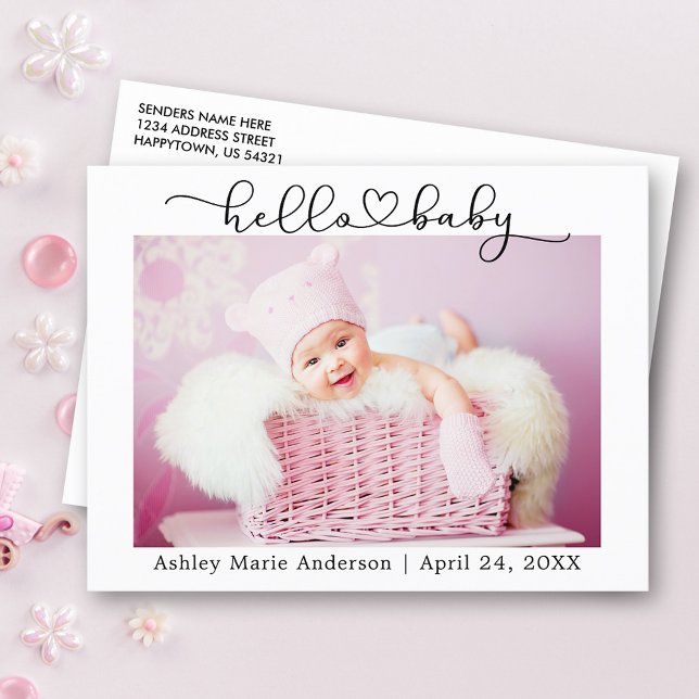 Modern Calligraphy Script Heart Hello Baby Postcard (Customize to change your personalized text size or text style.)
