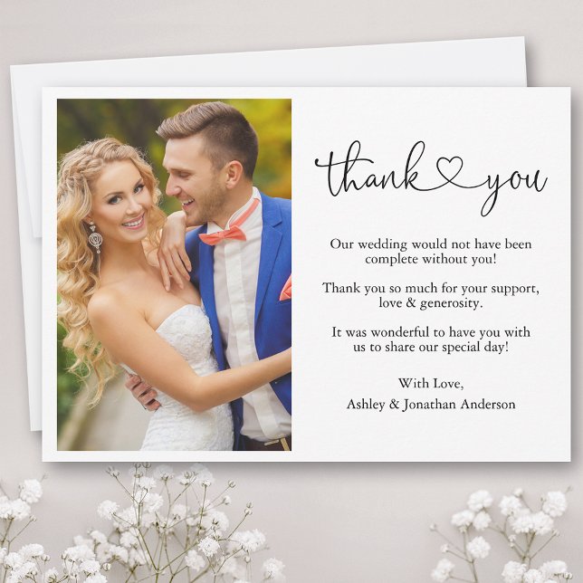 Modern Calligraphy Script Heart Photo Wedding Thank You Card (Customize to add text or more photos to back of card.)