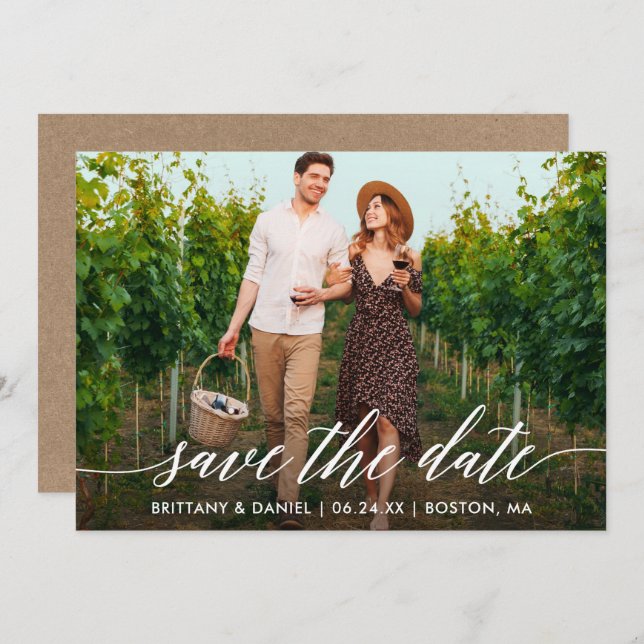 Modern Calligraphy Script Kraft Couple Photo Save The Date (Front/Back)