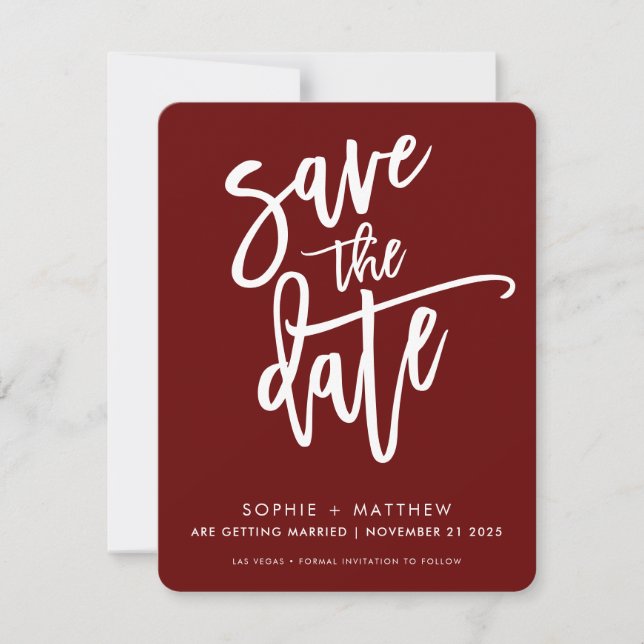 MODERN calligraphy script lettering maroon red Save The Date (Front)