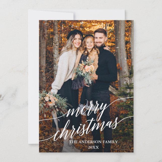 Modern Calligraphy Script Merry Christmas Photo Holiday Card (Front)