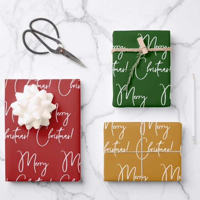 Modern Calligraphy Script Merry Christmas Wrapping Paper Sheet (Front)