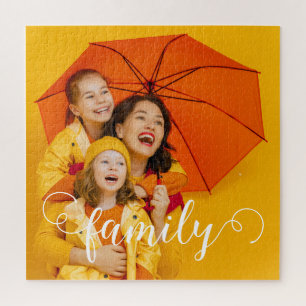 Modern Calligraphy Script Overlay Family Photo Jigsaw Puzzle