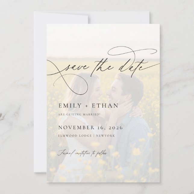 Modern Calligraphy Script Overlay Photo Wedding Save The Date (Front)