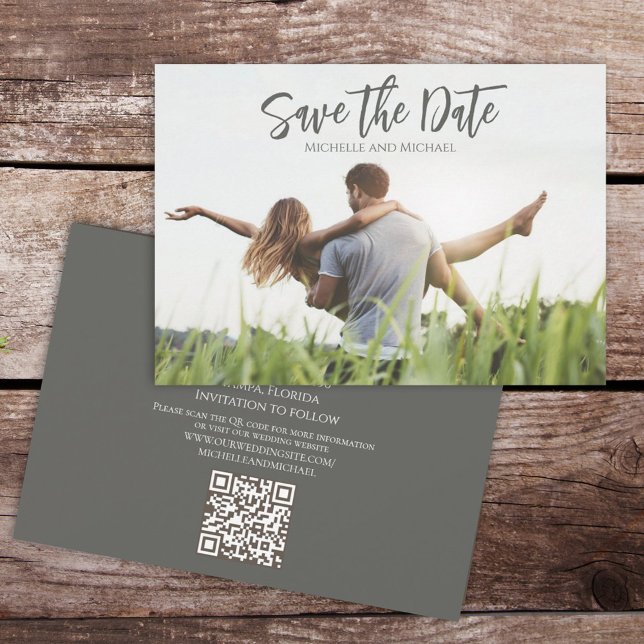 Modern Calligraphy Script Photo Trendy QR Code Save The Date (Creator Uploaded)