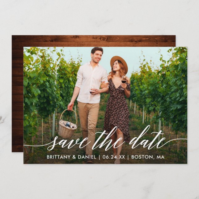 Modern Calligraphy Script Rustic Wood Photo Save The Date (Front/Back)
