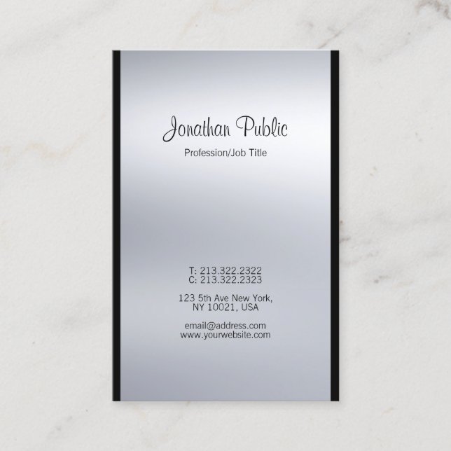 Modern Calligraphy Script Silver Fashionable Luxe Business Card (Front)