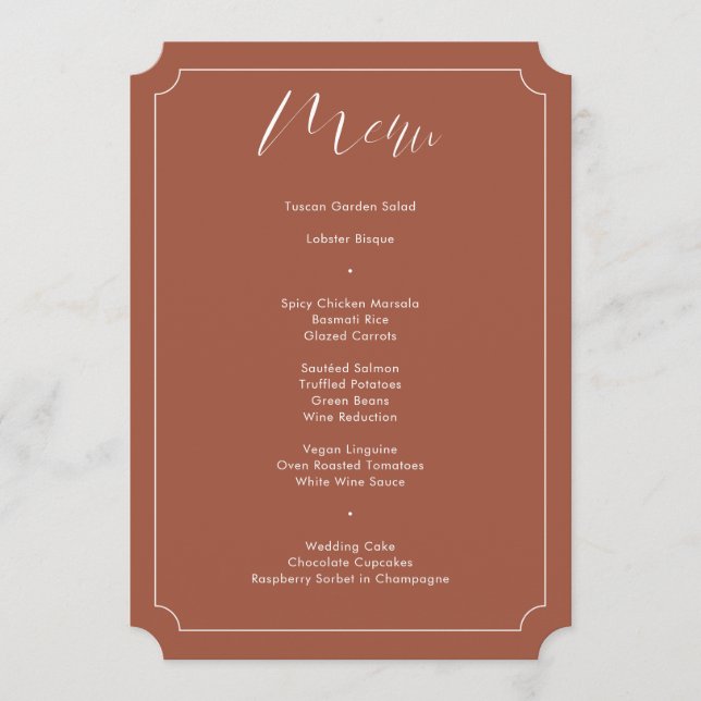 Modern Calligraphy Script Terracotta Wedding  Menu (Front)