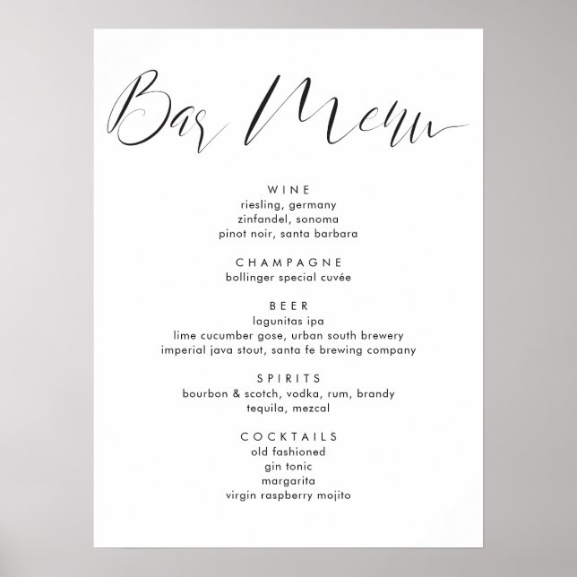 Modern Calligraphy Script Wedding Drinks Bar Menu  Poster (Front)