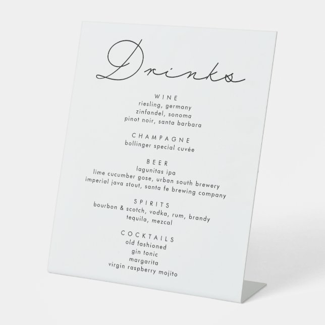 Modern Calligraphy Script Wedding Drinks Menu Pedestal Sign (Front)
