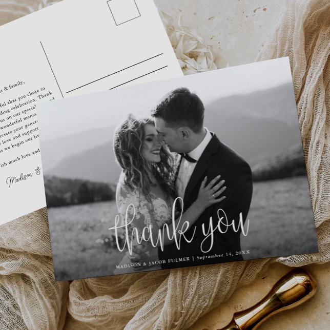 Modern Calligraphy Script Wedding Photo Thank You Postcard (Creator Uploaded)