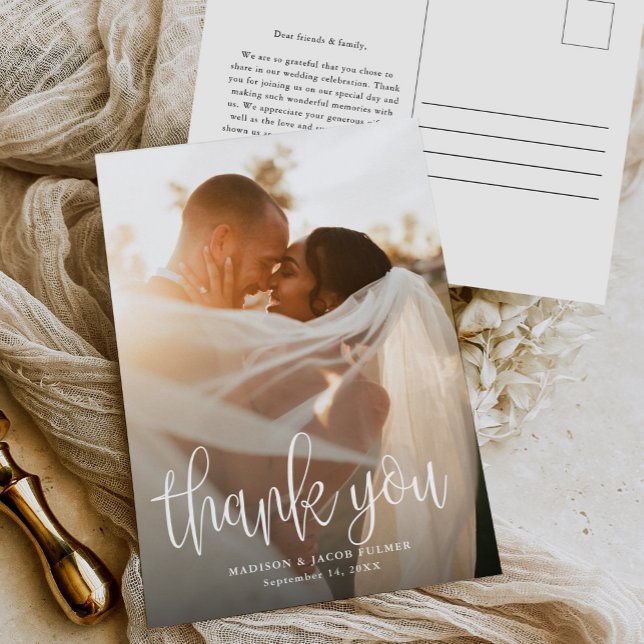 Modern Calligraphy Script Wedding Photo Thank You Postcard (Creator Uploaded)