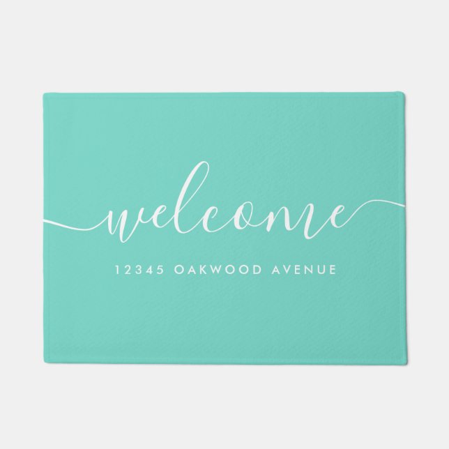Modern Calligraphy Script Welcome Street Address Doormat (Front)