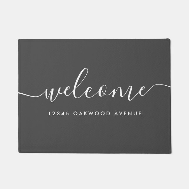 Modern Calligraphy Script Welcome Street Address Doormat (Front)