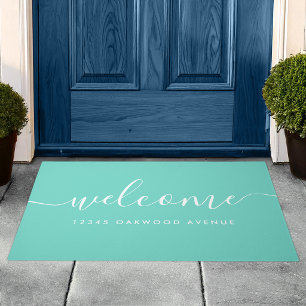 Modern Calligraphy Script Welcome Street Address Doormat