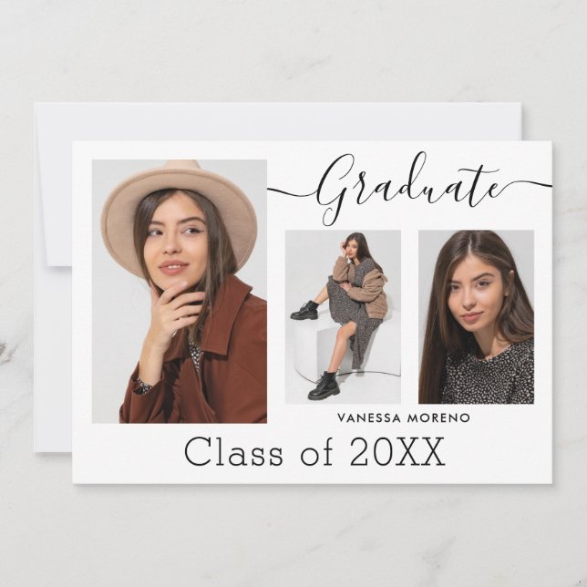 Modern Calligraphy Script White 3 Photo Graduation Announcement (Front)