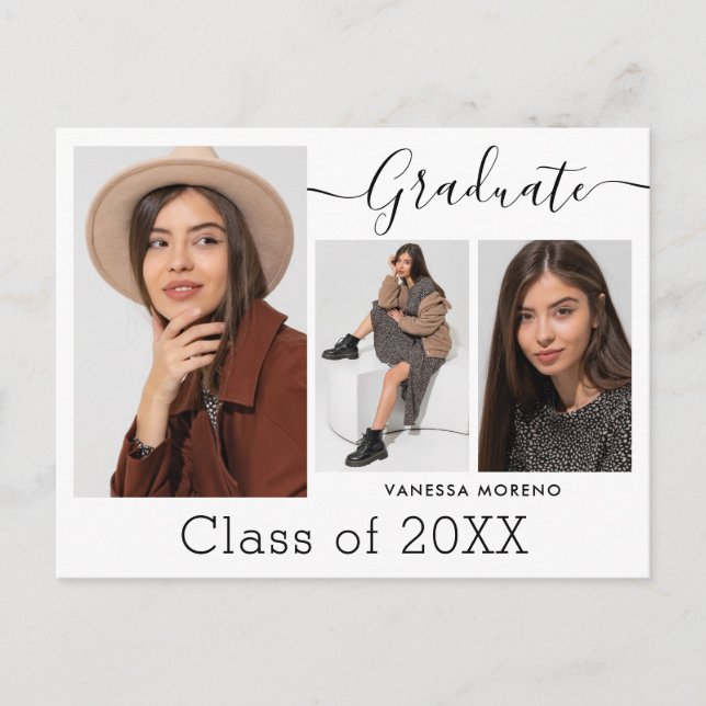 Modern Calligraphy Script White 3 Photo Graduation Postcard (Front)