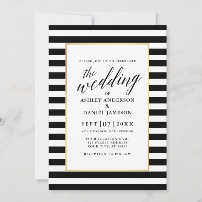 Modern Calligraphy Striped Wedding Gold Frame Invitation (Front)