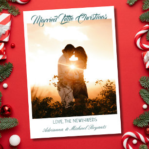 Modern Calligraphy Teal Married Little Christmas Holiday Card