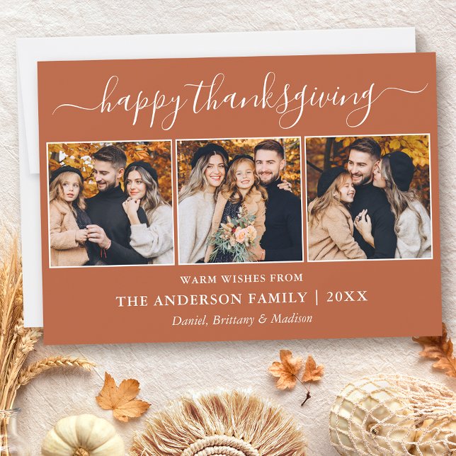 Modern Calligraphy Terracotta 3 Photo Thanksgiving Holiday Card (Customize to add text to back of card or to change color of text or color of back of card.)