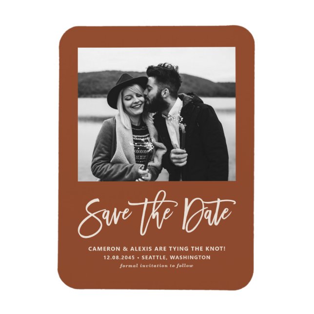 Modern Calligraphy Terracotta Photo Save the Date Magnet (Vertical)