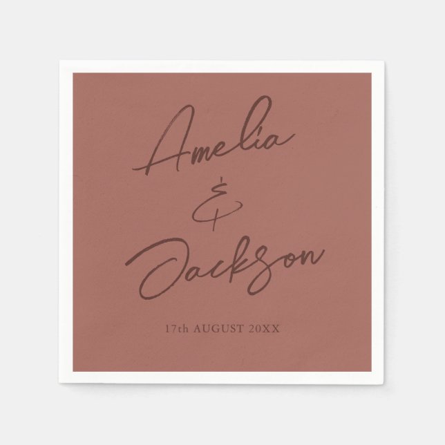 Modern Calligraphy Terracotta Wedding Napkin (Front)