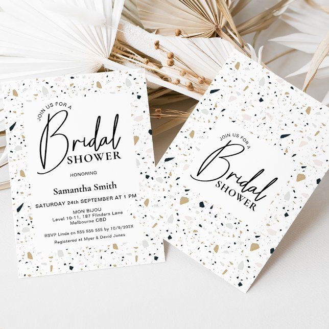 Modern Calligraphy Terrazzo Bridal Shower Invitation (Light colored terrazzo bridals shower invitation featuring a modern calligraphy heading. )