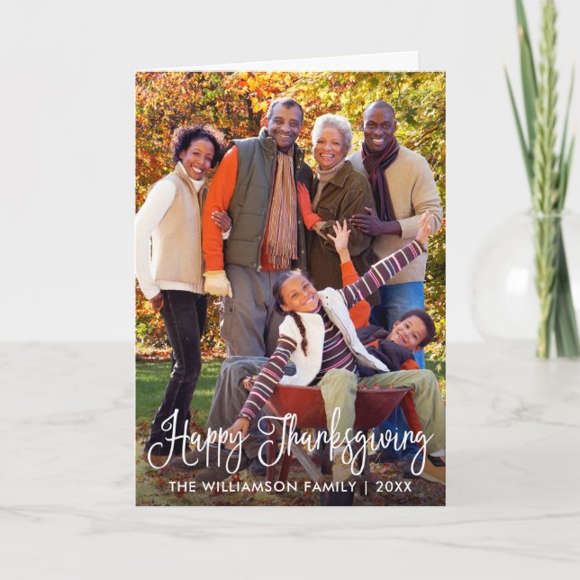 Modern Calligraphy Thanksgiving Photo Folded Holiday Card (Front)