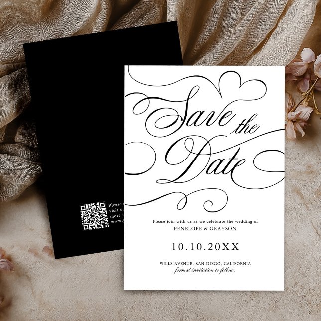 Modern calligraphy timeless Black QR code wedding Save The Date (Modern calligraphy timeless Black QR code wedding Save The Date)