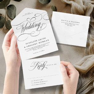 Modern calligraphy timeless Black white wedding All In One Invitation
