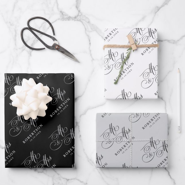 Modern calligraphy timeless black & white wedding wrapping paper sheet (Front)