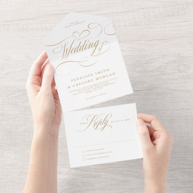 Modern calligraphy timeless gold and white wedding all in one invitation (Tearaway)