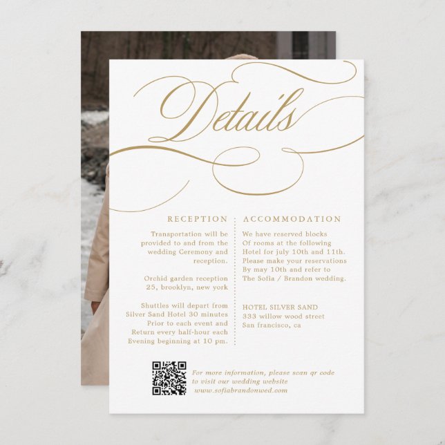 Modern calligraphy timeless gold and white wedding enclosure card (Front/Back)