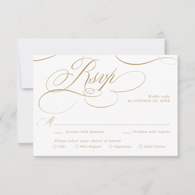 Modern calligraphy timeless gold and white wedding RSVP card (Front)