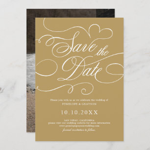 Modern calligraphy timeless gold and white wedding save the date