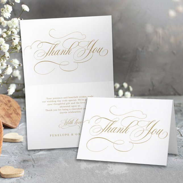 Modern calligraphy timeless gold and white wedding thank you card (Calligraphy gold simple wedding thank you card)