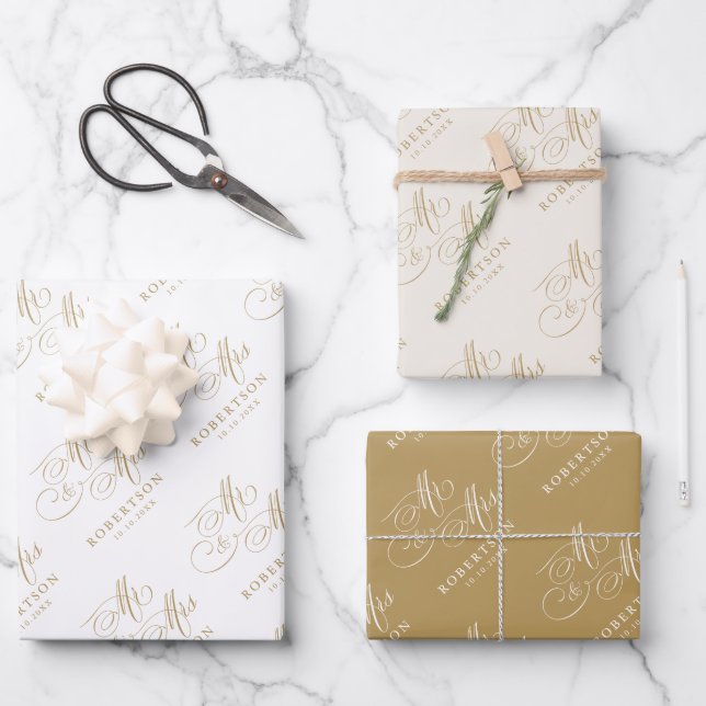 Modern calligraphy timeless gold and white wedding wrapping paper sheet (Front)