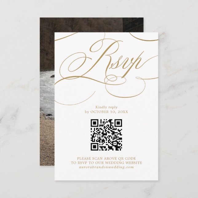 Modern calligraphy timeless gold QR code Photo RSVP Card (Front/Back)