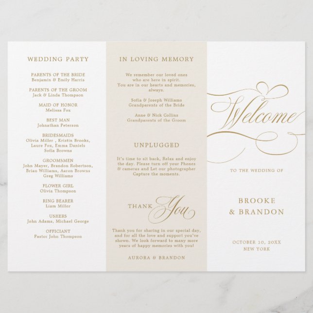 Modern calligraphy timeless gold wedding Program (Front)