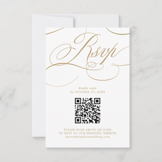 Modern calligraphy timeless gold white QR code RSVP Card (Front)