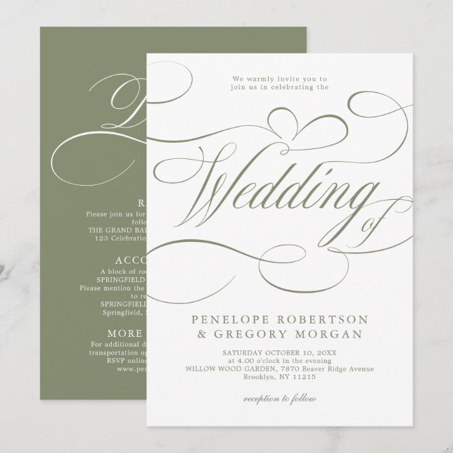 Modern calligraphy timeless Sage Green wedding Invitation (Front/Back)