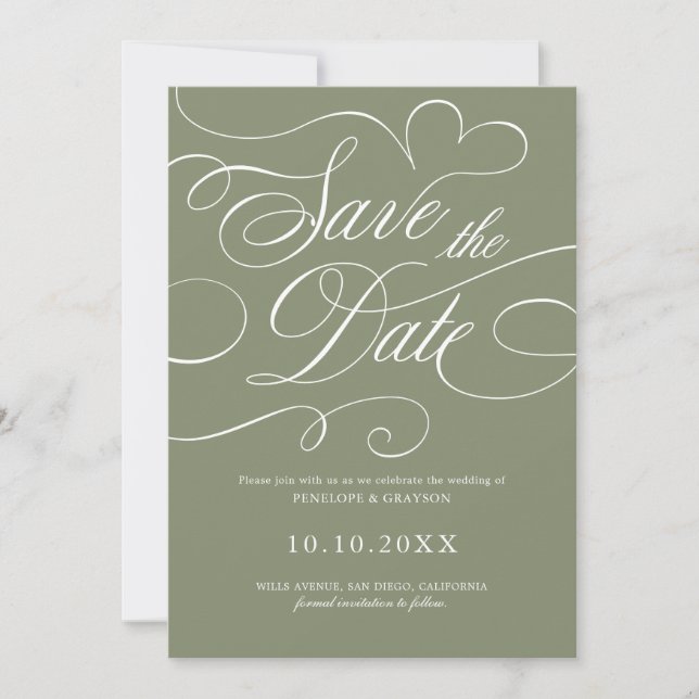 Modern calligraphy timeless Sage QR code wedding Save The Date (Front)