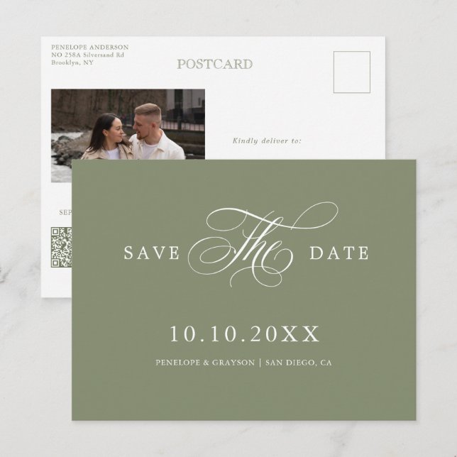 Modern calligraphy timeless Sage Save the Date Postcard (Front/Back)