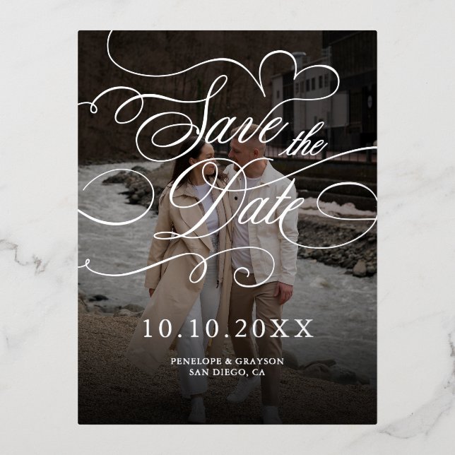 Modern calligraphy timeless Silver Save the Date Foil Holiday Postcard (Front)