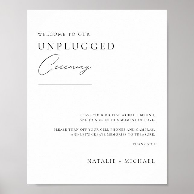 Modern Calligraphy Unplugged Wedding Ceremony Sign (Front)