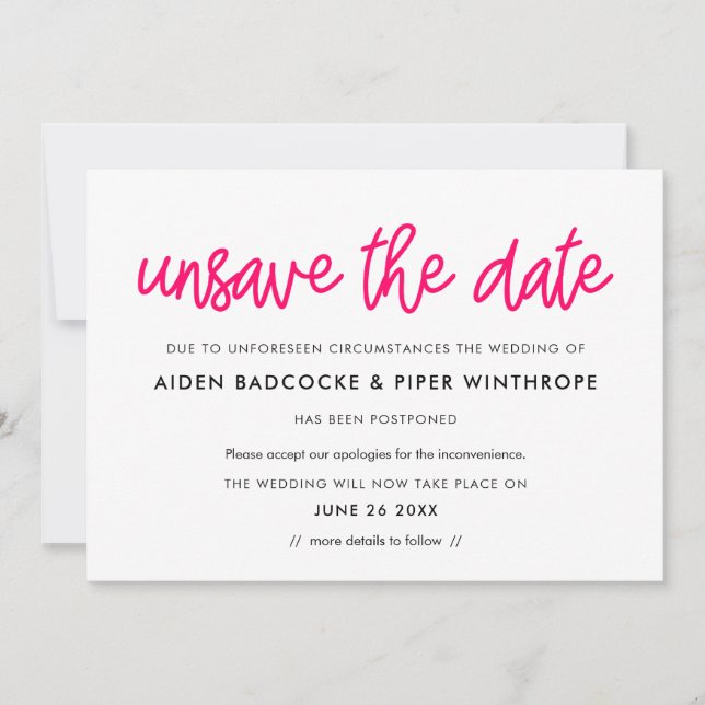 Modern calligraphy Unsave the date wedding card (Front)