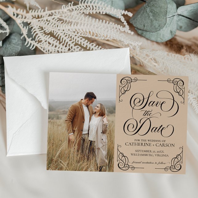 Modern Calligraphy Vintage Photo Beige Save The Date (Creator Uploaded)