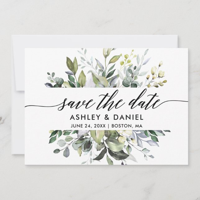 Modern Calligraphy Watercolor Greenery Save The Date (Front)