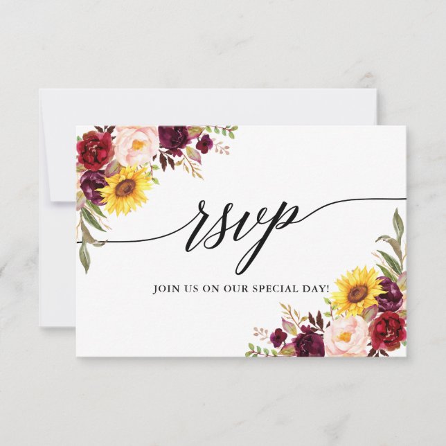 Modern Calligraphy Watercolor Mixed Floral Wedding RSVP Card (Front)